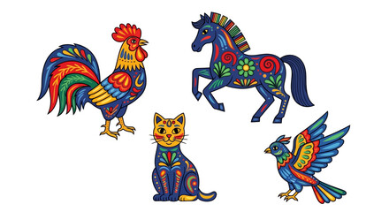 Obraz premium Vibrant and colorful folk style illustrations farm animals and bird, including rooster, cat, horse, and small bird, adorned with intricate patterns, isolated on, showcasing traditional artistic motifs