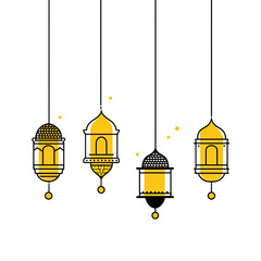 Four ornate, stylized lanterns on a black background