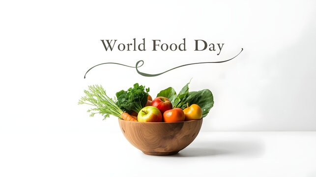 Fruits and vegetables in a bowl with a white background with a World Food Day theme