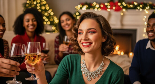 Joyful group of diverse friends celebrating Christmas with wine glasses around a cozy fireplace, conveying holiday cheer and friendship.