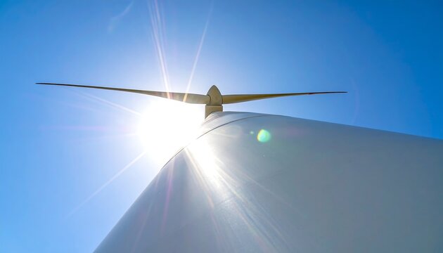 Low-angle view of a wind turbine against a bright blue sky with the sun creating starburst effect