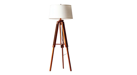 Tall tripod floor lamp with white drum shade, wooden legs
