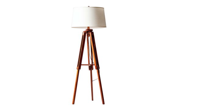Tall tripod floor lamp with white drum shade, wooden legs