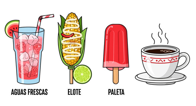 Collection popular mexican street food and drinks including aguas frescas, elote, and paleta