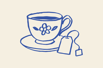 Teacup with saucer and teabag naive sketch vector illustration
