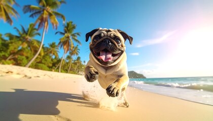 Happy pug runs on a sandy beach with palm trees, blue sky and clear ocean on a sunny day