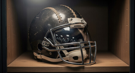 Fototapeta premium Vintage American football helmet resting on a wooden shelf, conveying nostalgia, sporting heritage, and a classic athletic concept.