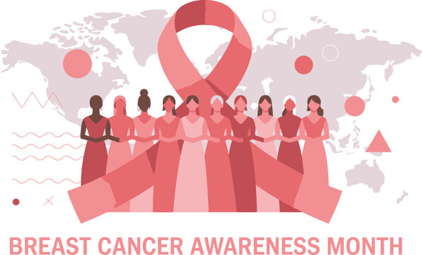 Breast Cancer Awareness Month Diverse Women United Under Pink Ribbon with World Map Backdrop