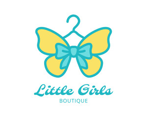 Playful yellow and turquoise butterfly hanger logo with soft heart wings and graceful lettering Little Girls Boutique, elegant vector design for feminine kids fashion or baby brand