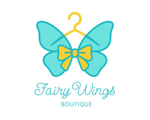 Charming turquoise and yellow butterfly hanger logo with elegant ribbon bow and stylish fairy wings text, delicate vector design for girls boutique or kids fashion brand identity