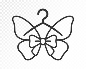 Elegant minimalist butterfly hanger logo outline with bow ribbon, clean black line vector illustration for kids boutique, girls fashion brand, baby clothing identity or label design