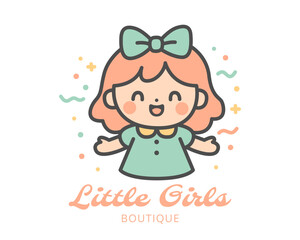 Pastel logo with smiling girl character in mint dress and orange bow, Little Girls Boutique lettering, adorable vector illustration for baby fashion store or children clothing brand identity