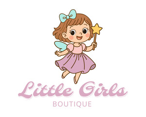 Cute smiling girl logo in pink dress with mint bow, Little Girls Boutique lettering, lovely vector design for children fashion, baby clothing store, or playful girls brand identity
