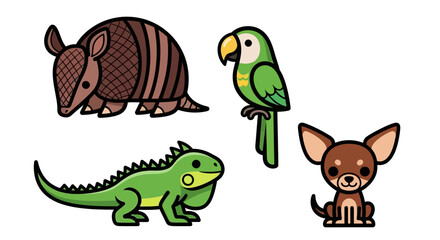 Naklejka premium Collection four cute cartoon animals an armadillo, parrot, an iguana, and chihuahua dog