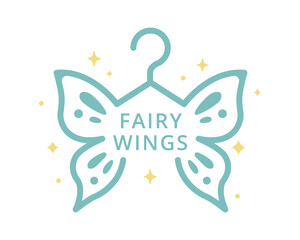 Cute turquoise butterfly hanger logo with yellow sparkles and Fairy Wings lettering, adorable pastel vector illustration for kids boutique, baby clothing brand or fairy fashion identity