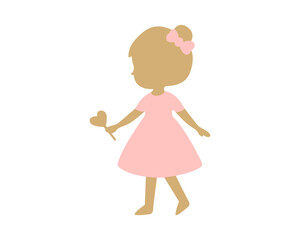 Elegant silhouette logo of little girl in pink dress with flower hair accessory, golden pastel vector design for baby boutique, children fashion brand or feminine kids clothing identity