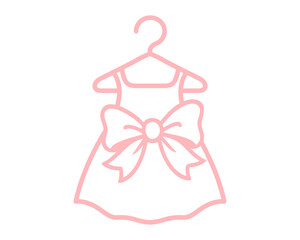 Pastel pink dress logo with ribbon bow and hanger outline, simple elegant vector illustration for baby boutique, girls fashion brand, or children clothing identity in feminine style