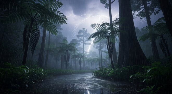 Dramatic tropical jungle path during a heavy rainstorm with lightning and thunder, moody dark atmosphere