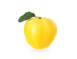 One fresh quince with green leaf isolated on white