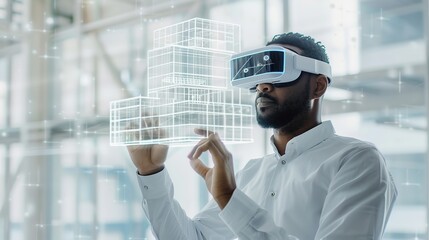Focused african american architect using virtual reality headset to design a modern building project