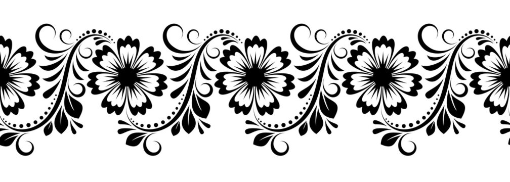 Fototapeta Black and white ornament with flowers, swirls, dots, and leaves on isolated background, floral seamless border.