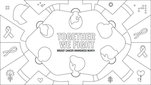 Breast Cancer Awareness Month Coloring Page Together We Fight, Ribbons, Flowers, Hearts, Puzzle Design