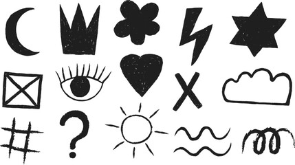 Hand Drawn Doodle Symbol Set — Black Ink Sketch Vector Icons Including Star, Heart, Moon, Sun, Lightning, Cloud, Eye, Crown, Hashtag, Artistic Minimal Ink Illustrations