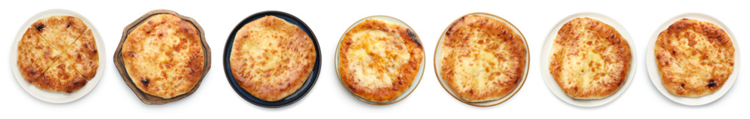 Delicious Megrelian khachapuri isolated on white, set. Top view