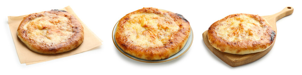 Delicious Megrelian khachapuri isolated on white, set