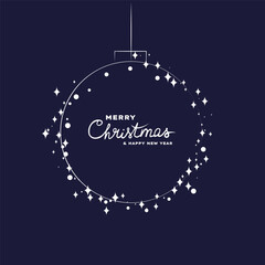 Elegant minimalist Christmas greeting card design featuring sparkling ornament outline, festive stars and typography on dark navy background, celebrating Merry Christmas and Happy New Year