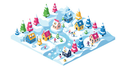 Isometric winter wonderland scene with colorful houses and snowy landscape