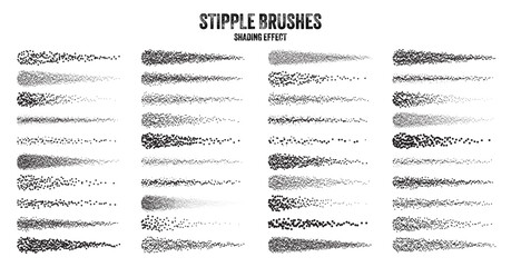 Ink scatter brush, stipple drawing and texturing. Fading gradient. Stippling, dotwork drawing, shading using dots. Halftone disintegration effect. White noise grainy texture. Vector illustration
