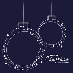 Elegant minimalist Christmas greeting card with glowing hanging ornaments and sparkling stars on dark blue background, festive holiday design with Merry Christmas and Happy New Year text