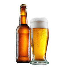 Amber glass bottle of refreshing, frosty beverage with frothy head