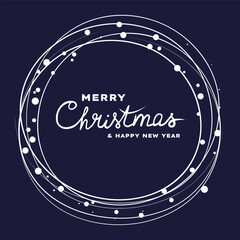 Modern minimalist Merry Christmas and Happy New Year greeting card with elegant white circular lines and sparkling dots on dark blue background, festive winter holiday design for seasonal celebration