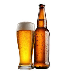 Amber beverage with foamy head in a glass and bottle