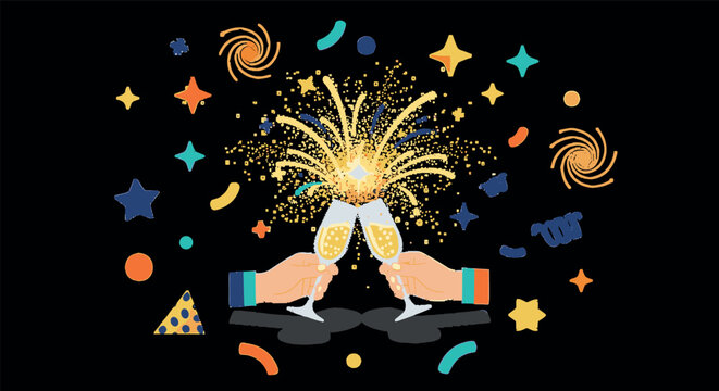 Festive celebration with sparklers and clinking glasses in colorful style