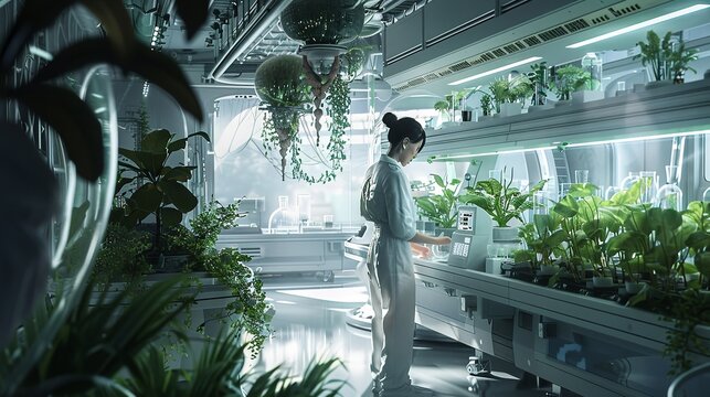 Female scientist in futuristic laboratory tending to plants on shelves with hydroponic system