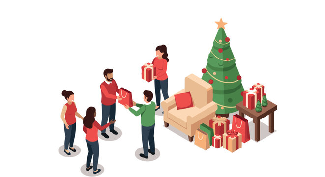 Festive isometric group exchanging gifts by christmas tree scene