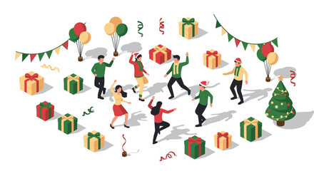 Obraz premium Festive office party celebration with dancing colleagues and holiday decor in isometric style