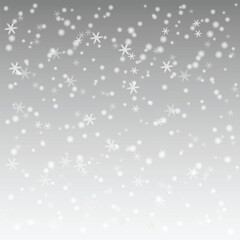 A realistic falling snow overlay on a gray gradient festive winter background with snowstorm and bokeh. A modern vector, white overlay with special light effect, for Christmas, New Year holiday design