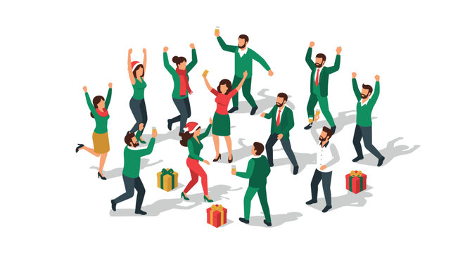 Office holiday celebration with colleagues in festive attire and gifts