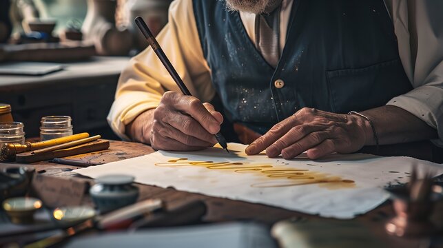 Calligrapher working on a parchment with a quill pen in a vintage setting with natural light