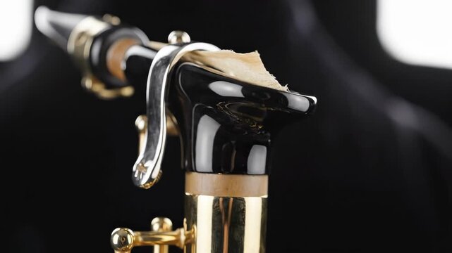 Close-Up of a Professional Saxophone Mouthpiece with Reed