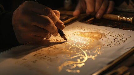 Close up of a calligraphers hand writing on parchment with a quill pen in a vintage setting