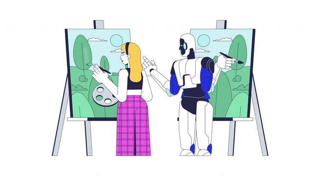 AI stealing from artist 2D animation. Theft of intellectual property. Artificial intelligence copying, replicating human creativity animated characters cartoon flat concept 4K video isolated on white