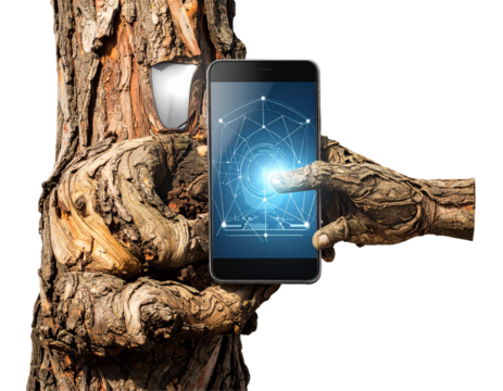 Realistic Tree Trunk with Human-like Branch Hand Using Mobile Phone, Nature Technology Concept, Isolated - Powered by Adobe