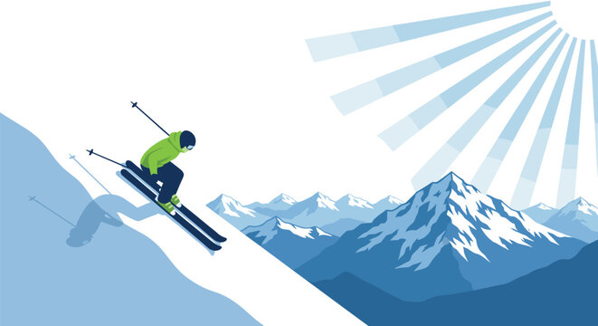Dynamic winter scene of a skier descending a mountain with sunlit peaks - Powered by Adobe