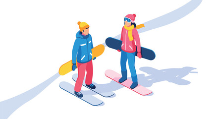 Snowboarders chatting on a winter day in isometric 3d style