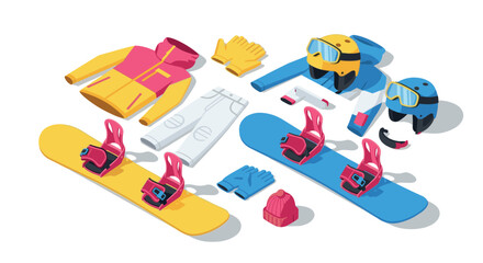 Colorful winter sports gear set featuring snowboards and accessories in isometric design